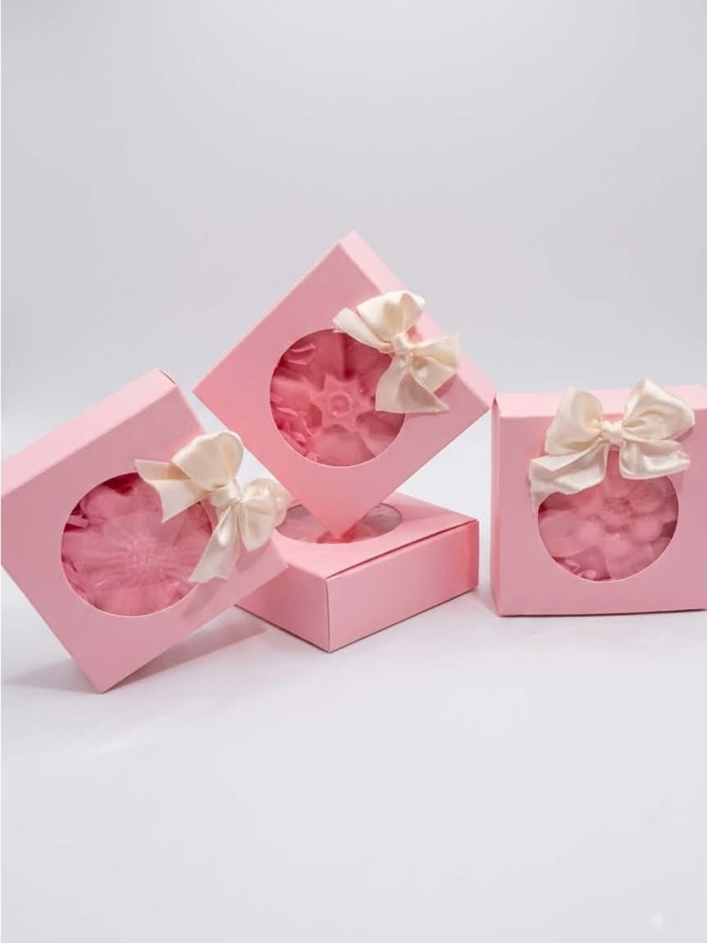 Pink Floral Gift Soap Bars with Cream Bow - Luxury Flower shape soap.